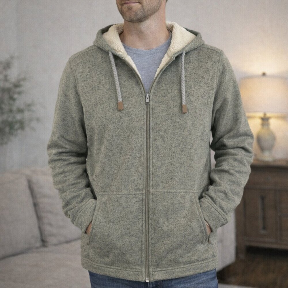 Eddie Bauer size XL, GreenCozy Green Hooded Fleece Lined Zip up Sweater